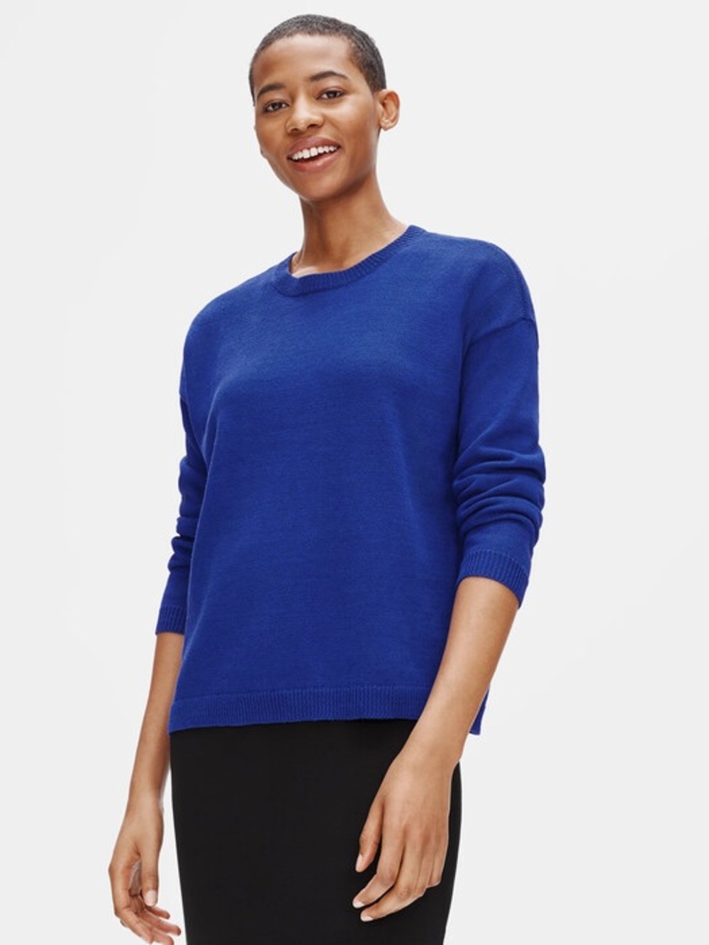 Eileen Fisher Royal Blue Crew Neck Organic Linen Cotton Box Top Sweater M NWT